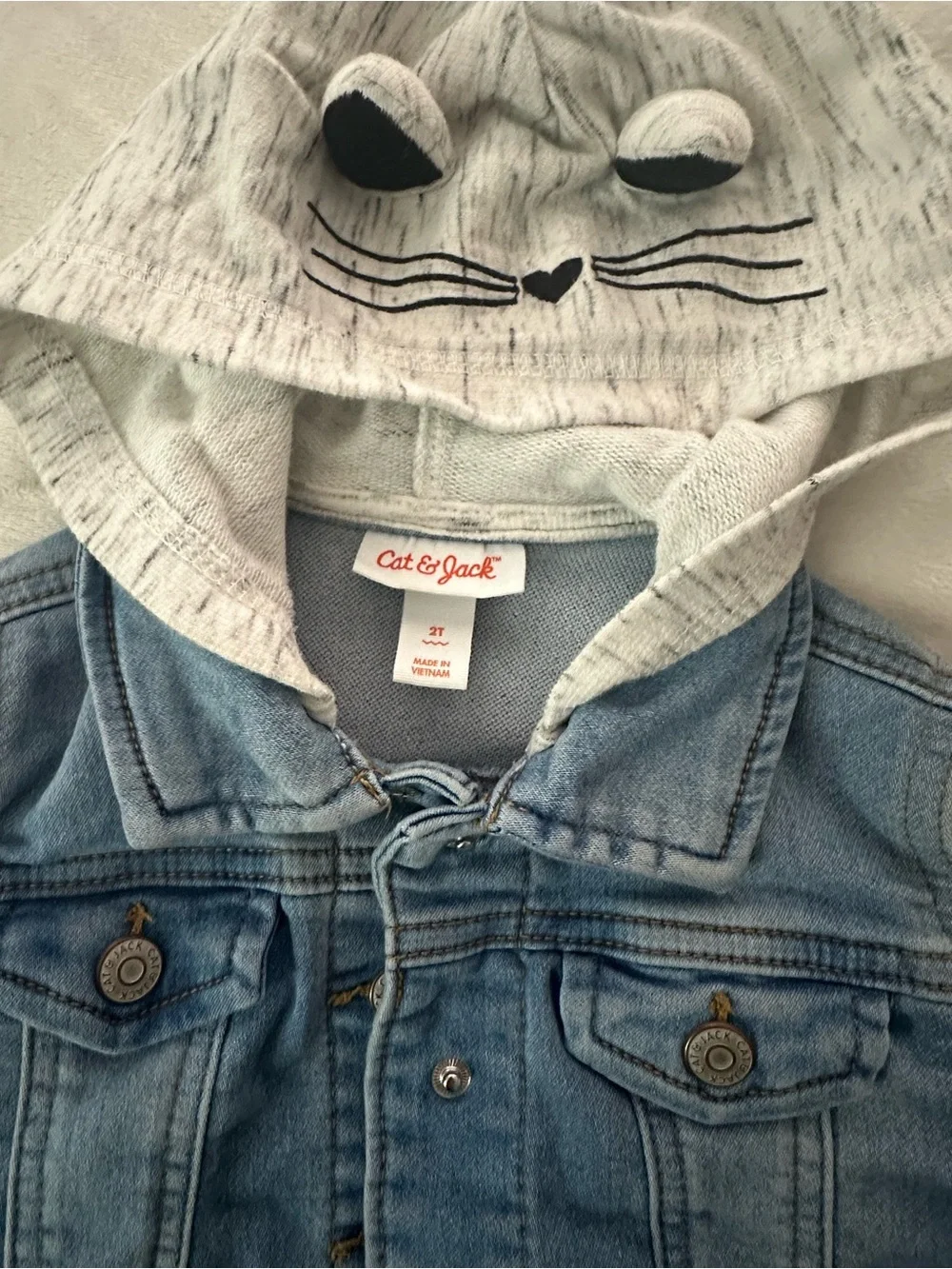 Cat & Jack Light Blue Denim Jacket with Gray Hoodie and Cat Face - Picture 2 of 3